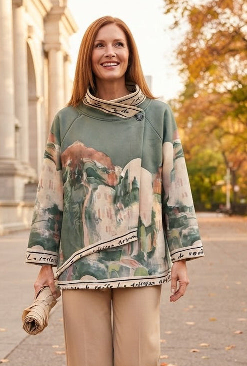 Italian Watercolour  Asymmetric Brushed Suede Feel Jacket Top- EMERALD GREEN- Made in Italy Outerwear, O/S