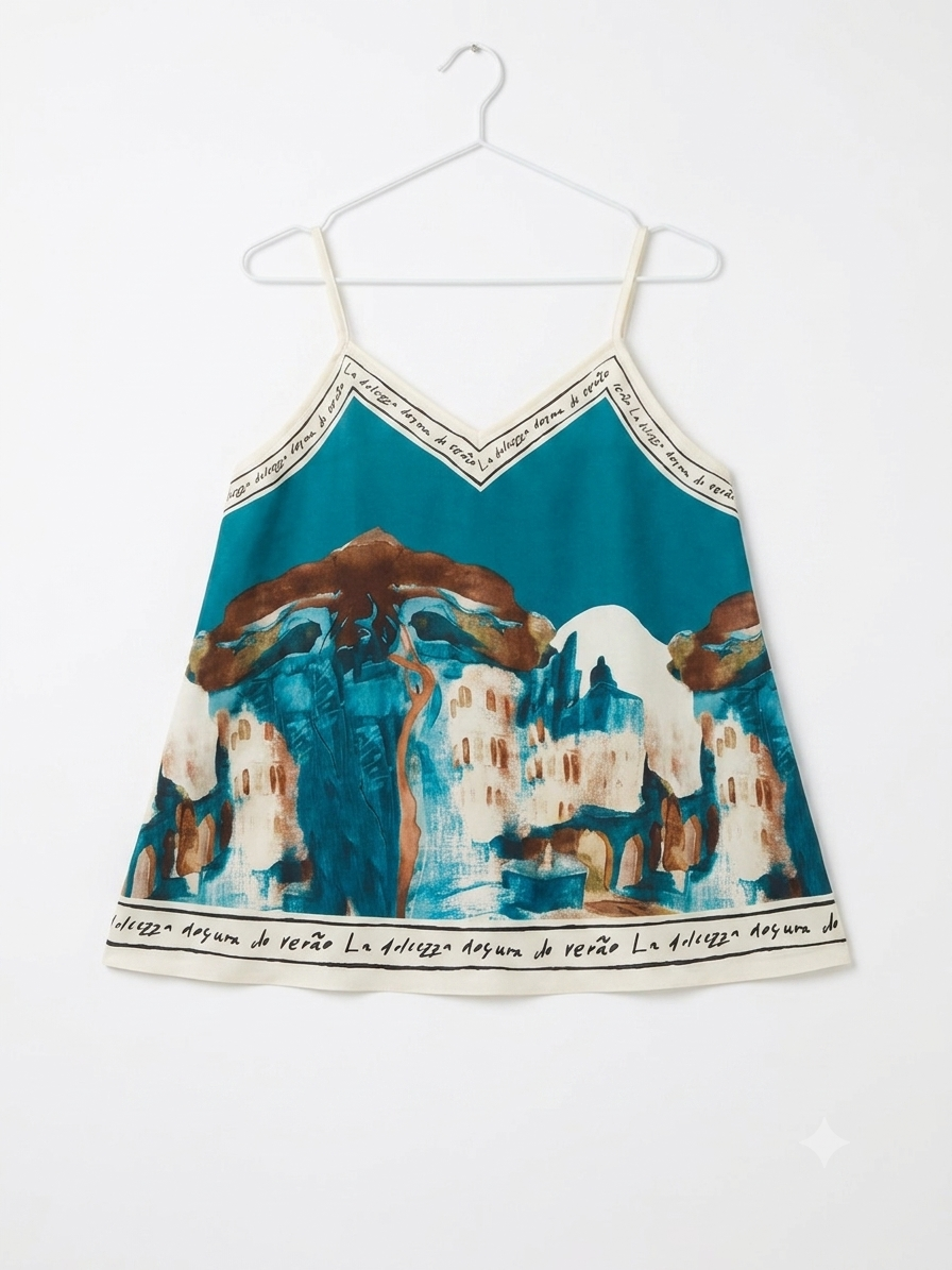 Italian Silk Watercolour Print Tank - TEAL