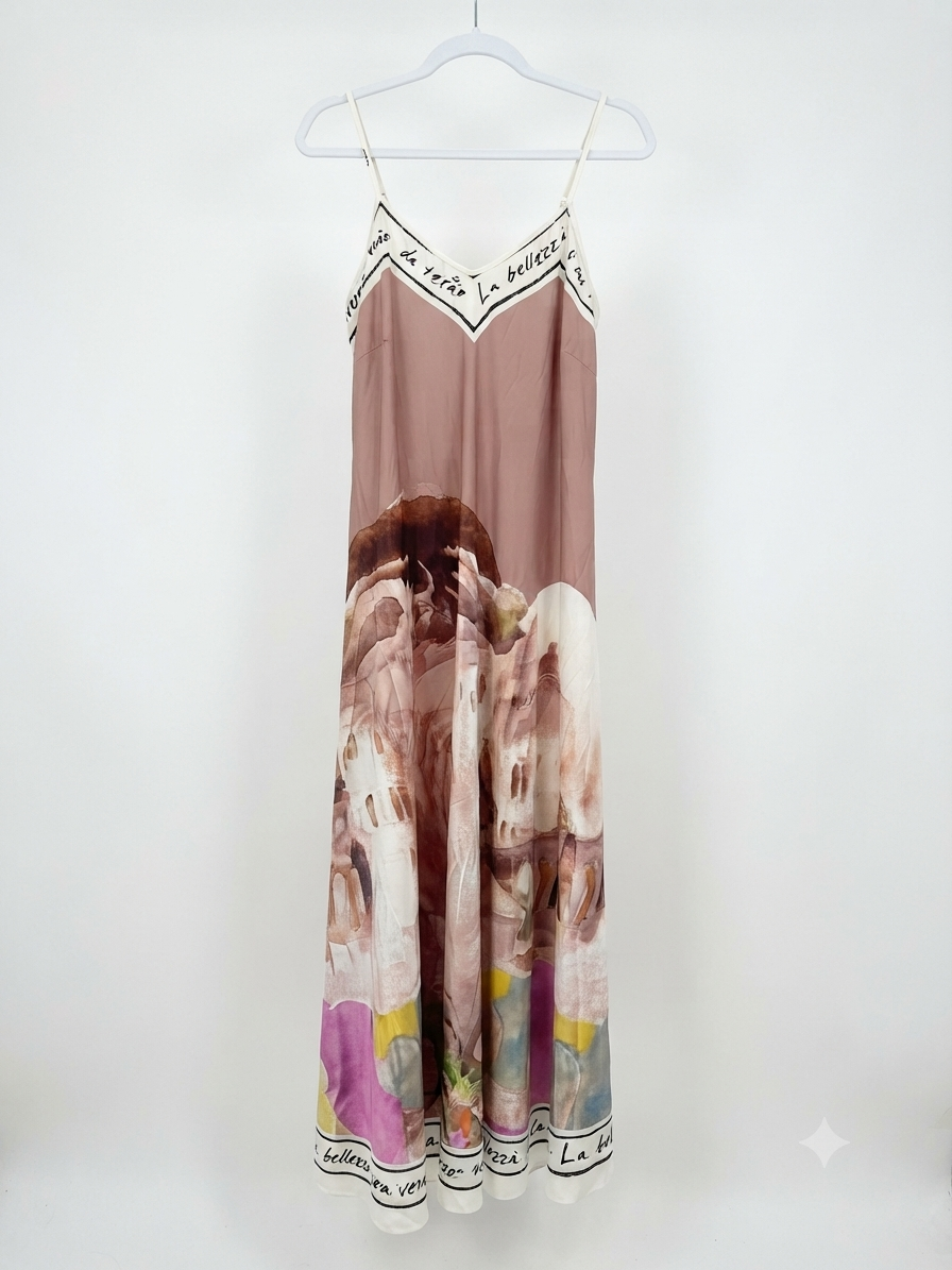 Italian Silk Maxi Dress - TAUPE – Watercolour print, Made in Italy, Viscose/Silk blend- L/XL