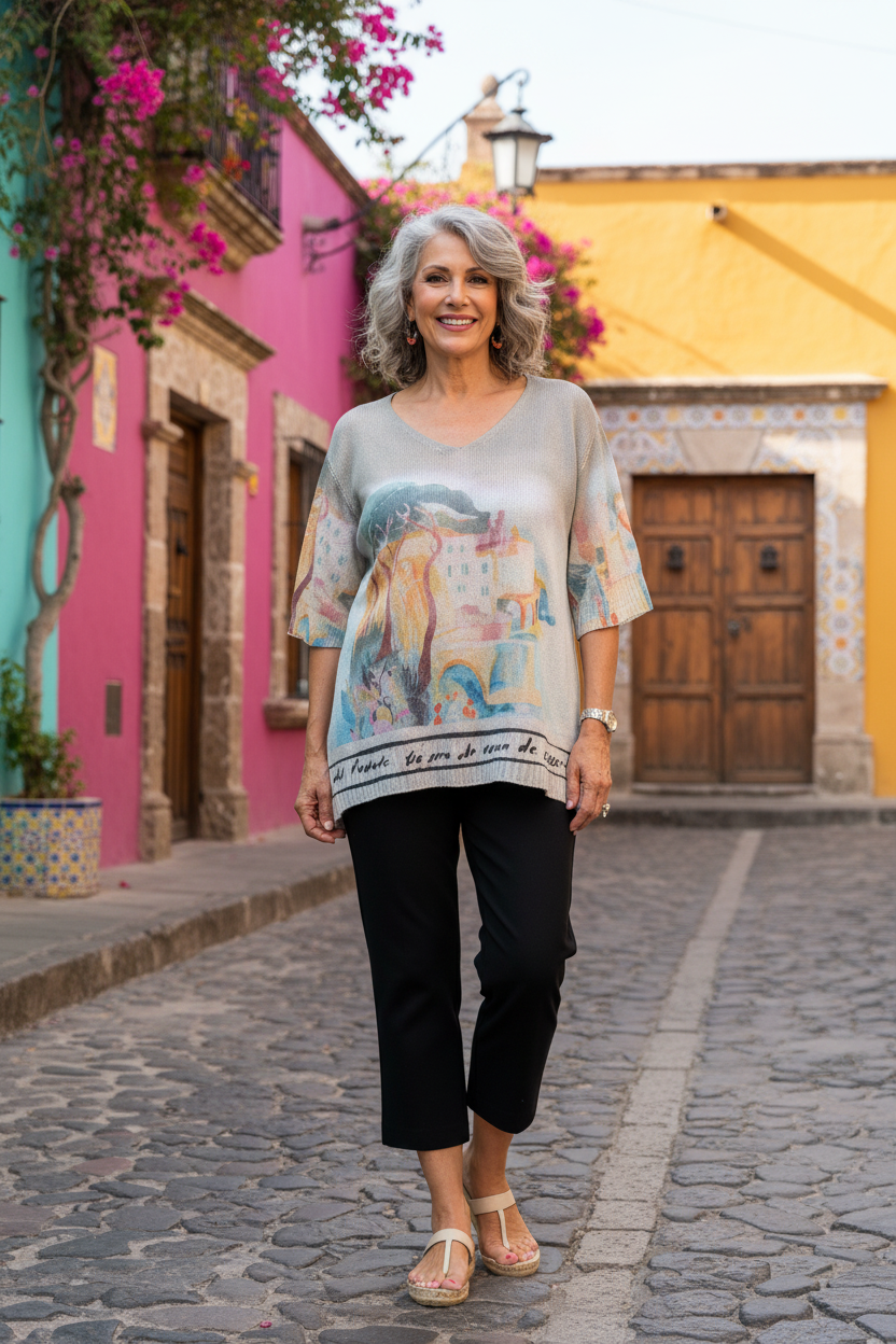 Watercolor Italian Knitted Short Sleeve  Top-GRAY ,O/S
