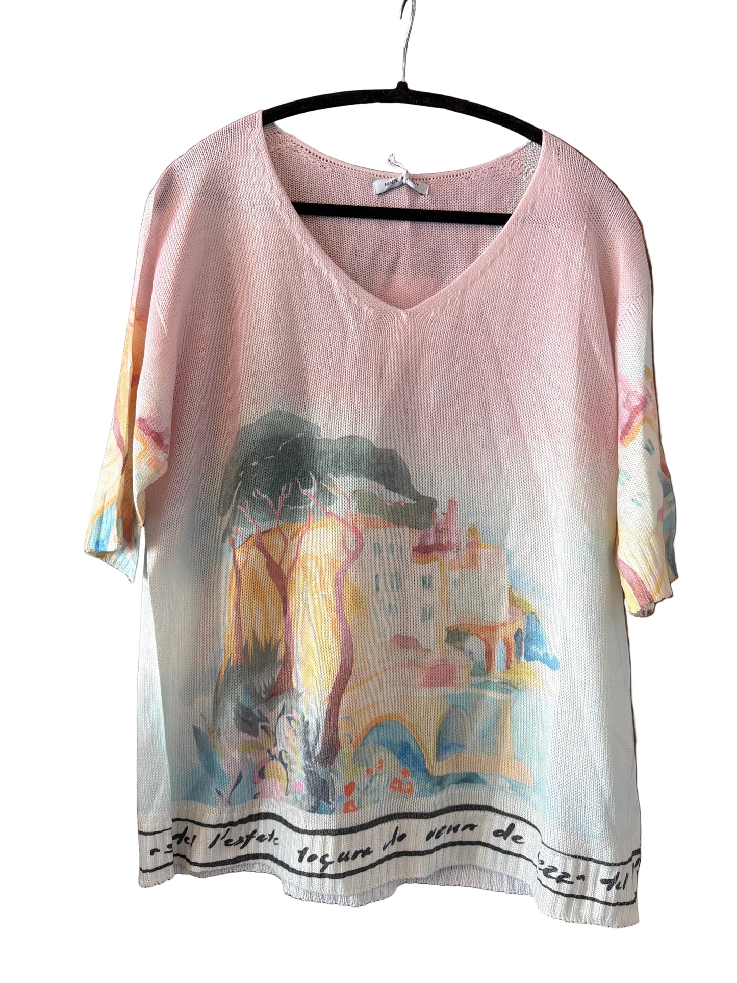 Watercolor Italian Knitted Short Sleeve Top-PINK, O/S