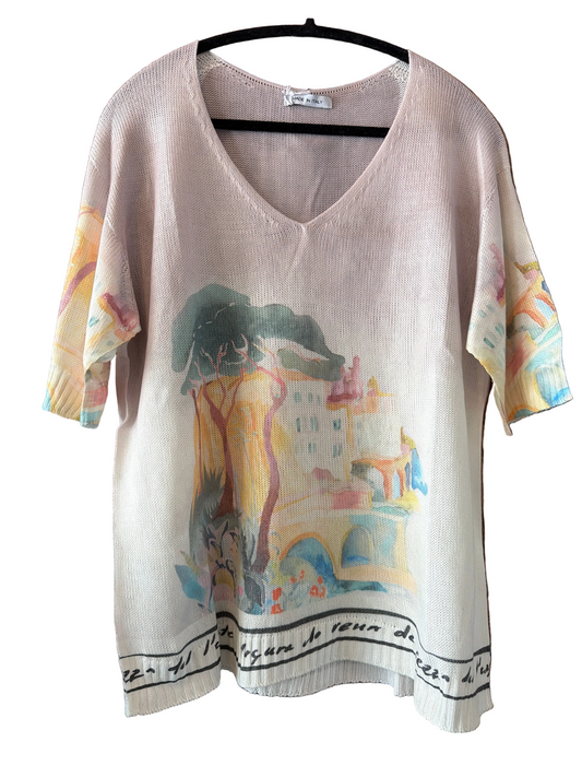 Watercolor Italian Knitted Short Sleeve  Women’s Top-TAUPE/Gray- Viscose blend, Made in Italy,  O/S