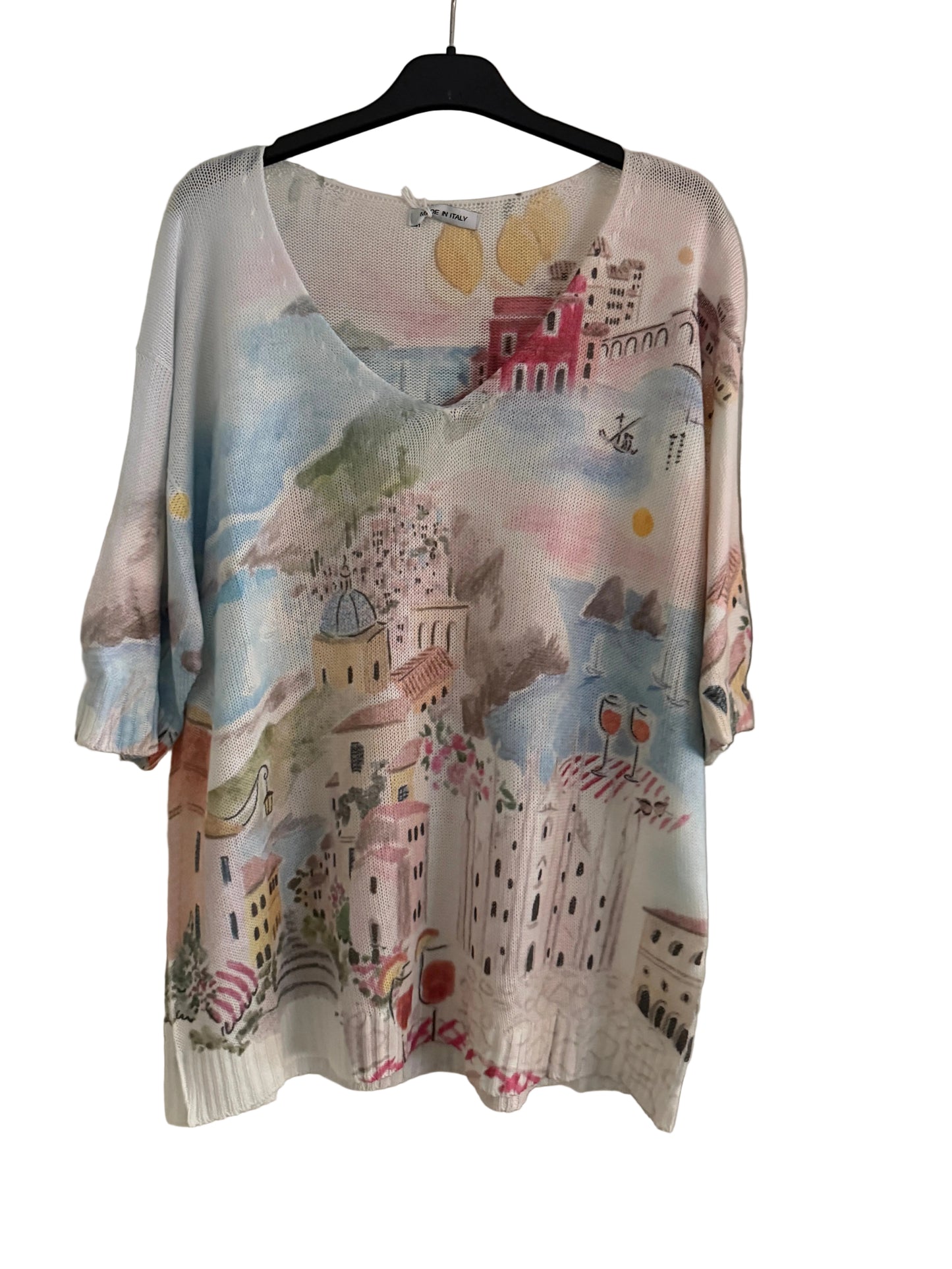Watercolor Italian Knitted Short Sleeve  Top-Light Blue