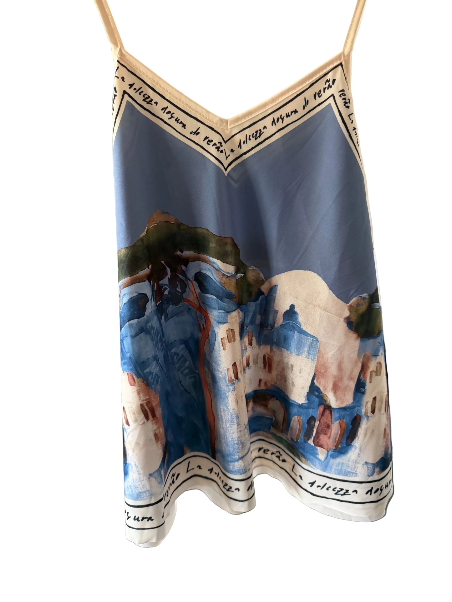 Italian Silk Watercolour Print Tank Ocean Blue