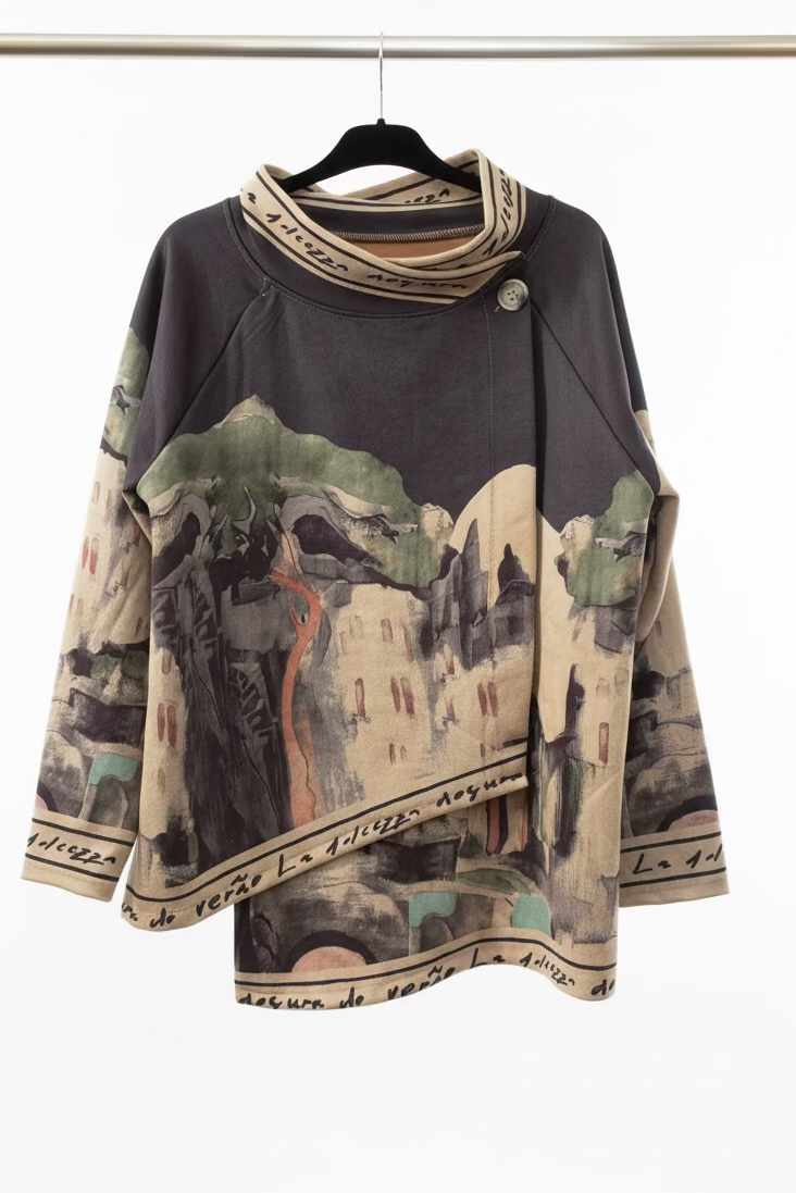 Italian Watercolour  Asymmetric Brushed Suede Feel Jacket Top-BLACK - Made in Italy Outerwear, O/S