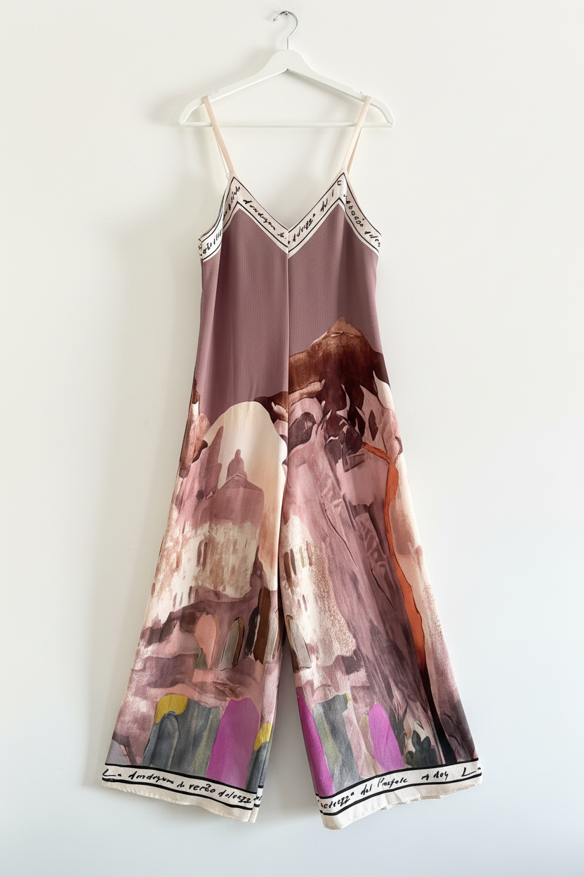 Italian Watercolour JUMPSUIT with adjustable straps - TAUPE - Viscose/ Polyester blend