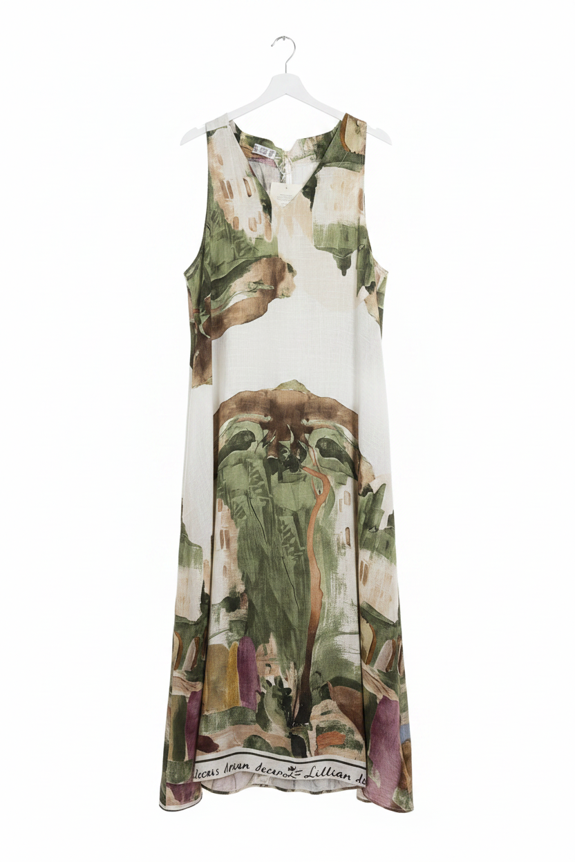 LINEN Italian tie up dress with pockets, Made in Italy, O/S Green and White