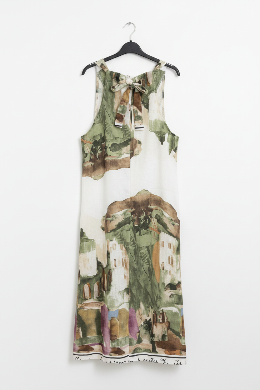 LINEN Italian tie up dress with pockets, Made in Italy, O/S Green and White
