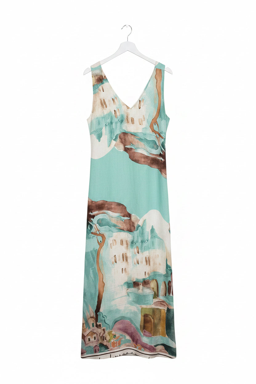 LINEN Italian tie up dress with pockets, Made in Italy, O/S Turquoise and White