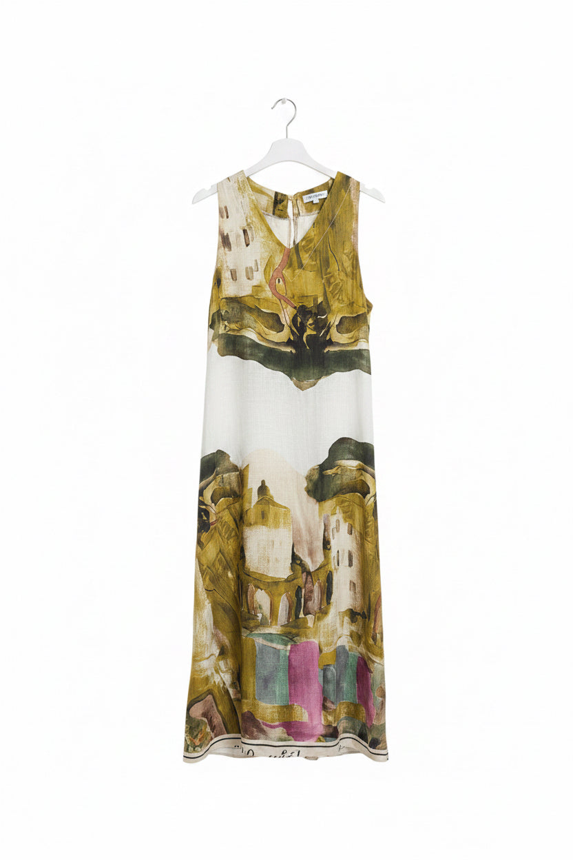 LINEN Italian tie up dress with pockets, Made in Italy, O/S Chartreuse and White