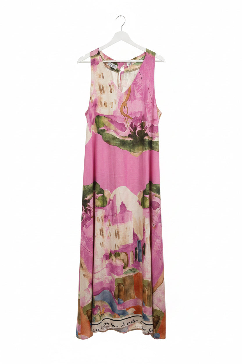 LINEN Italian tie up dress with pockets, Made in Italy, O/S Dark Pink