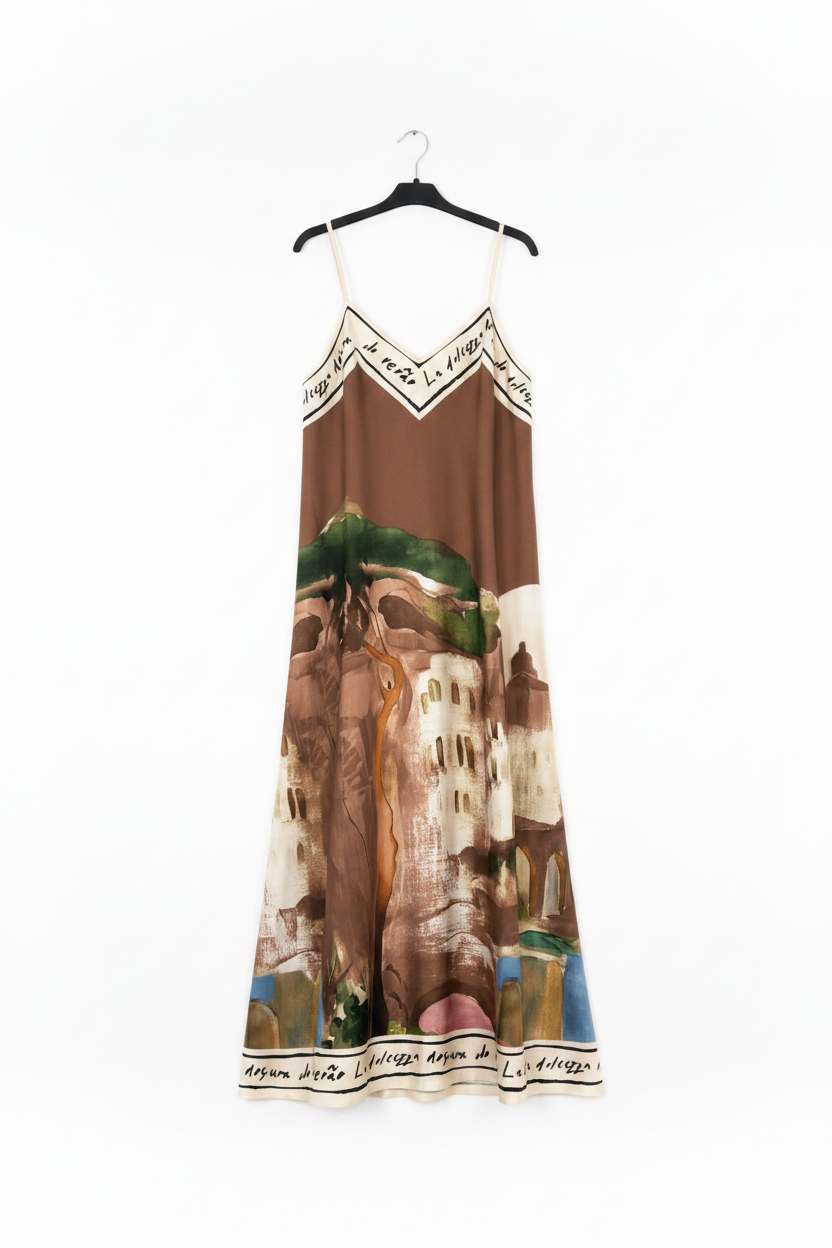 Watercolor Textured Maxi Dress- Golden BROWN-Italian Viscose, Made in Italy O/S
