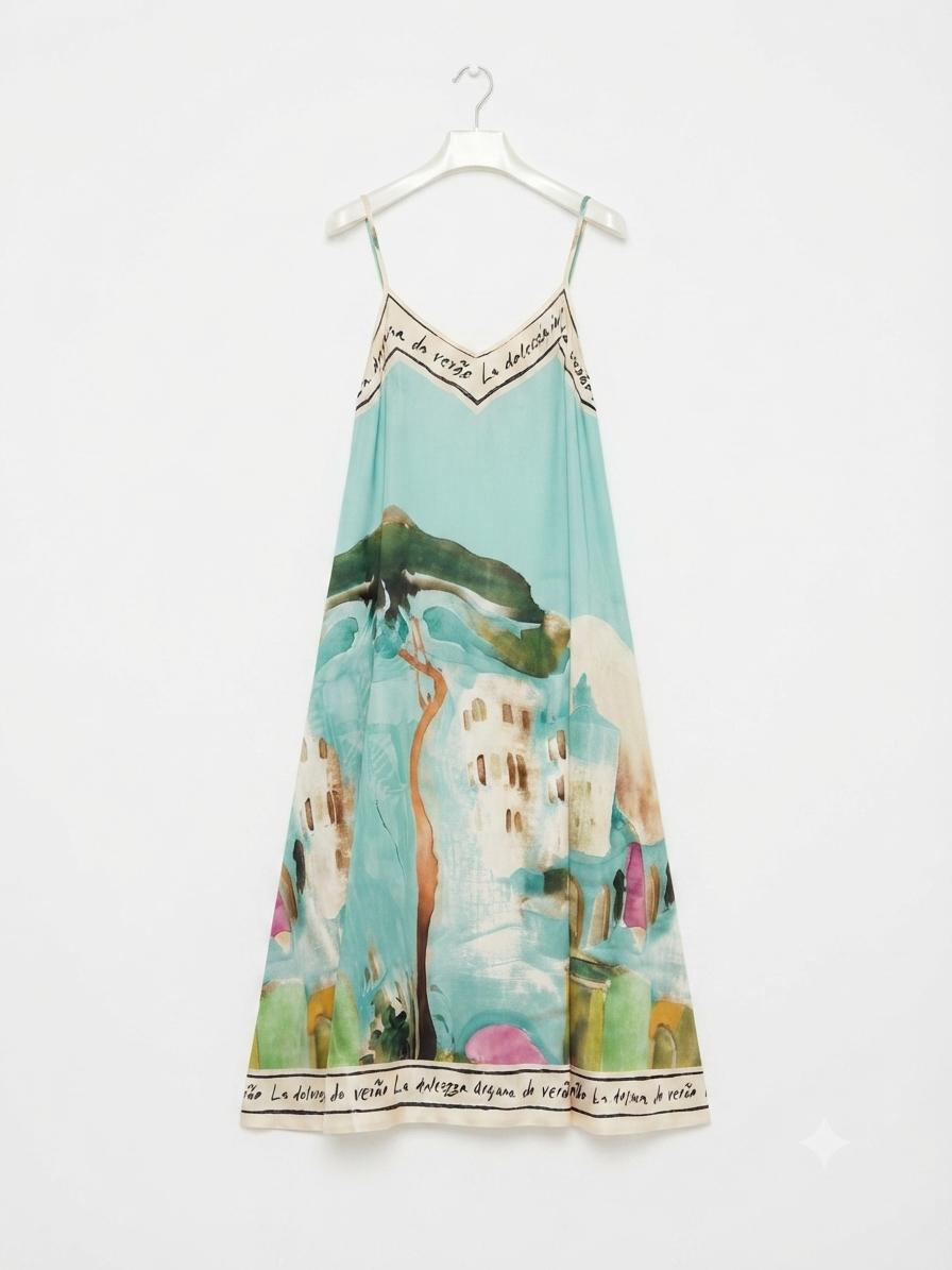 Watercolor Textured Maxi Dress- TURQUOISE-Italian Viscose, Made in Italy O/S