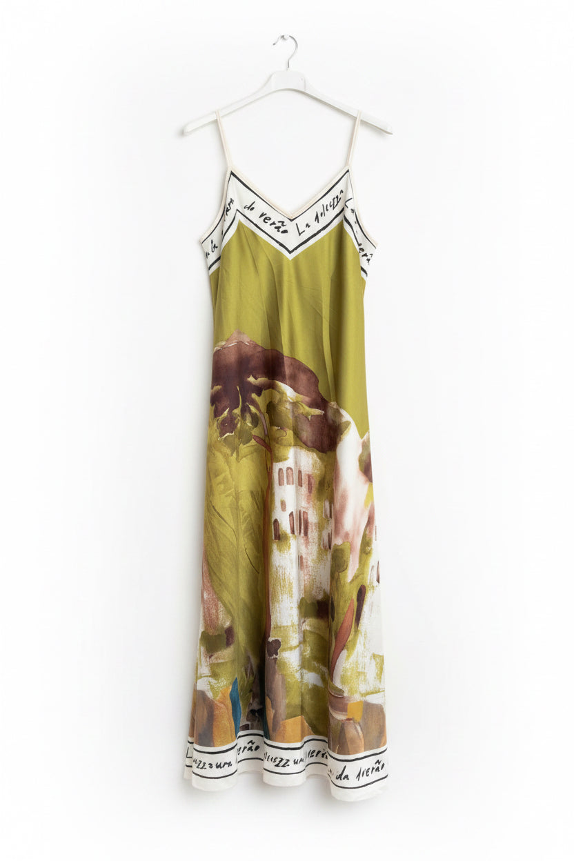 Italian Silk Maxi Dress -VIBRANT OLIVE– Watercolour print, Made in Italy, Viscose/Silk blend O/S