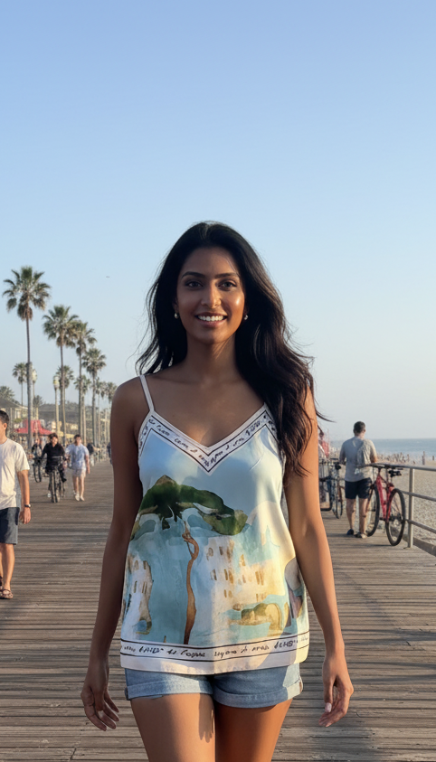 Italian Watercolour Print Tank - Light Turquoise-Polyester