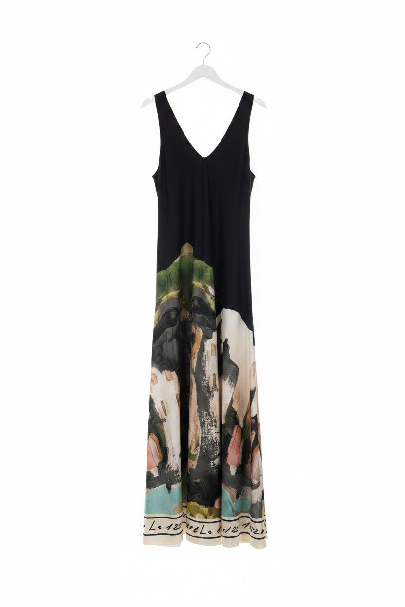 O/S Italian Silk WIDE STRAP V-Maxi Dress -BLACK-Watercolour print, Made in Italy, Viscose/Silk blend