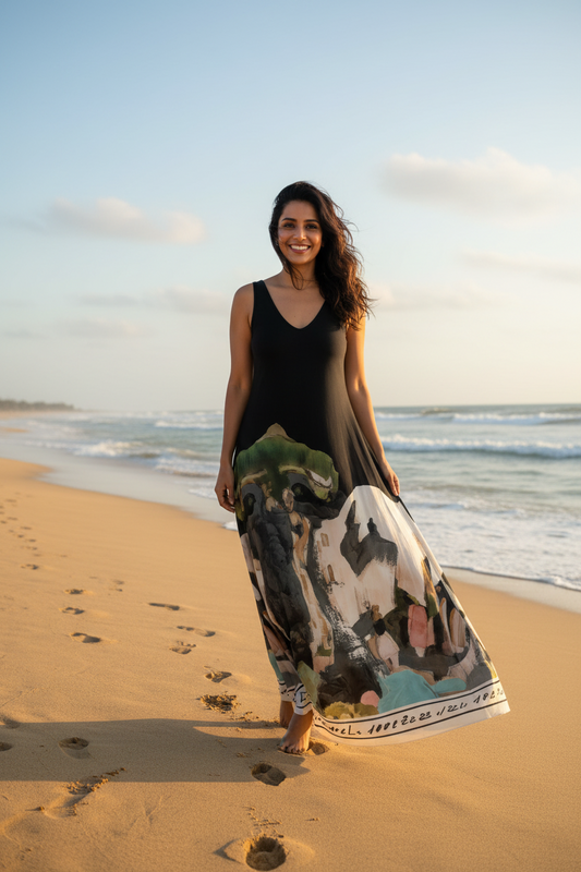 O/S Italian Silk WIDE STRAP V-Maxi Dress -BLACK-Watercolour print, Made in Italy, Viscose/Silk blend