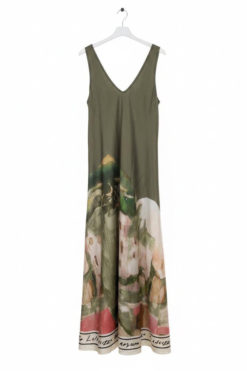 Italian Silk WIDE STRAP V-Maxi Dress -OLIVE– Watercolour print, Made in Italy, Viscose/Silk blend O/S