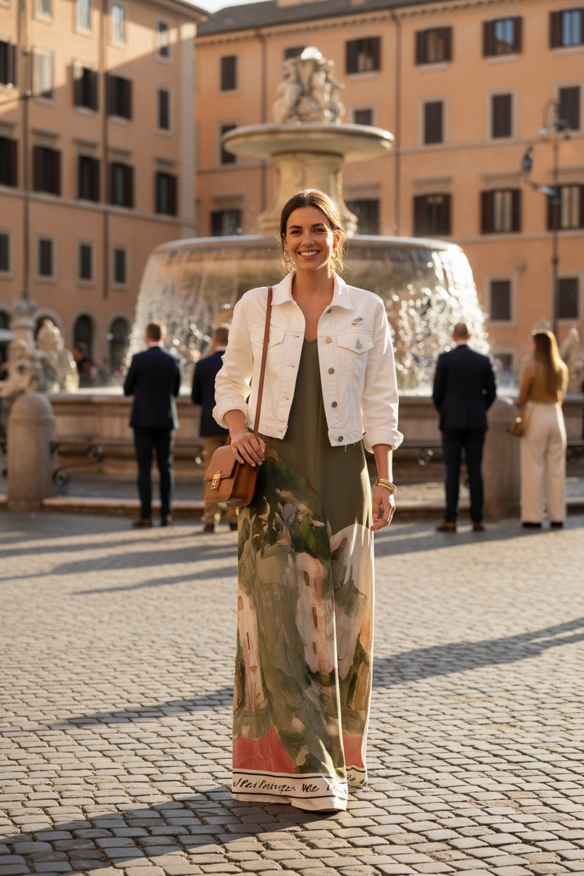 Italian Silk WIDE STRAP V-Maxi Dress -OLIVE– Watercolour print, Made in Italy, Viscose/Silk blend O/S