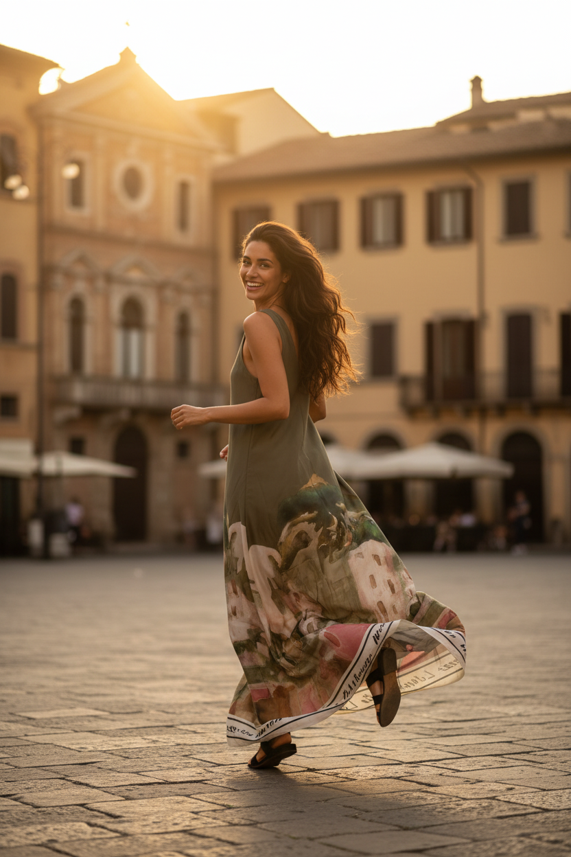 Italian Silk WIDE STRAP V-Maxi Dress -OLIVE– Watercolour print, Made in Italy, Viscose/Silk blend O/S