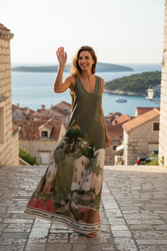 Italian Silk WIDE STRAP V-Maxi Dress -OLIVE– Watercolour print, Made in Italy, Viscose/Silk blend O/S