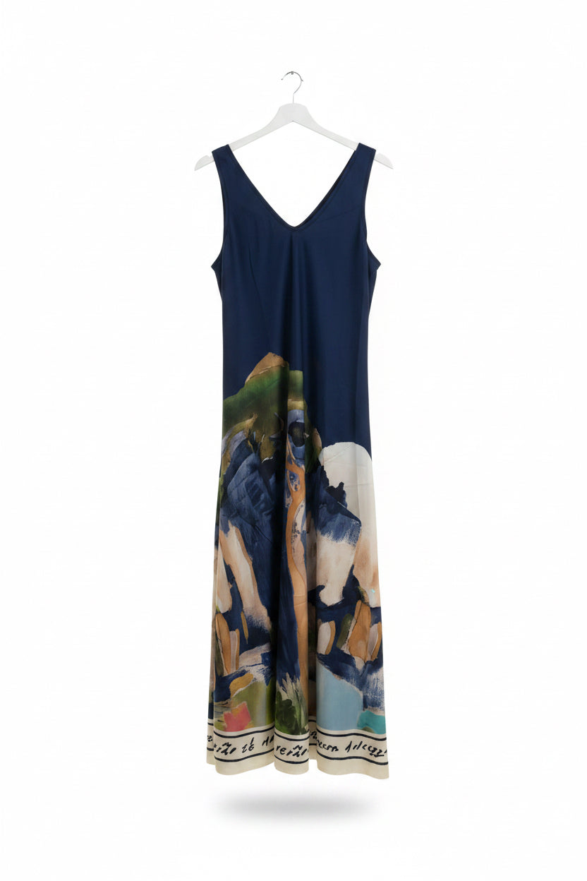 O/S Italian Silk WIDE STRAP V-Maxi Dress -NAVY-Watercolour print, Made in Italy, Viscose/Silk blend