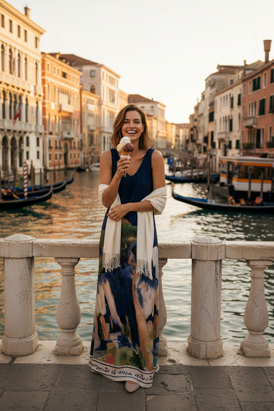 O/S Italian Silk WIDE STRAP V-Maxi Dress -NAVY-Watercolour print, Made in Italy, Viscose/Silk blend