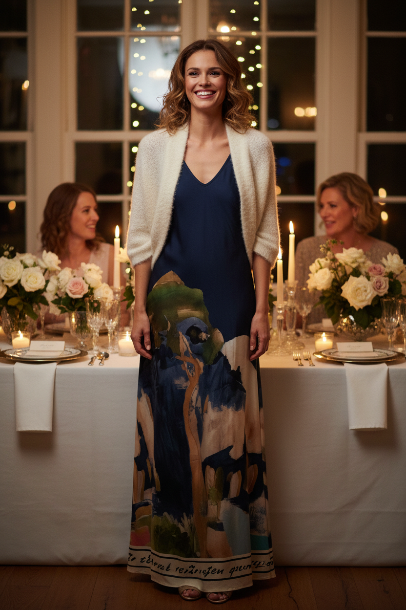 O/S Italian Silk WIDE STRAP V-Maxi Dress -NAVY-Watercolour print, Made in Italy, Viscose/Silk blend