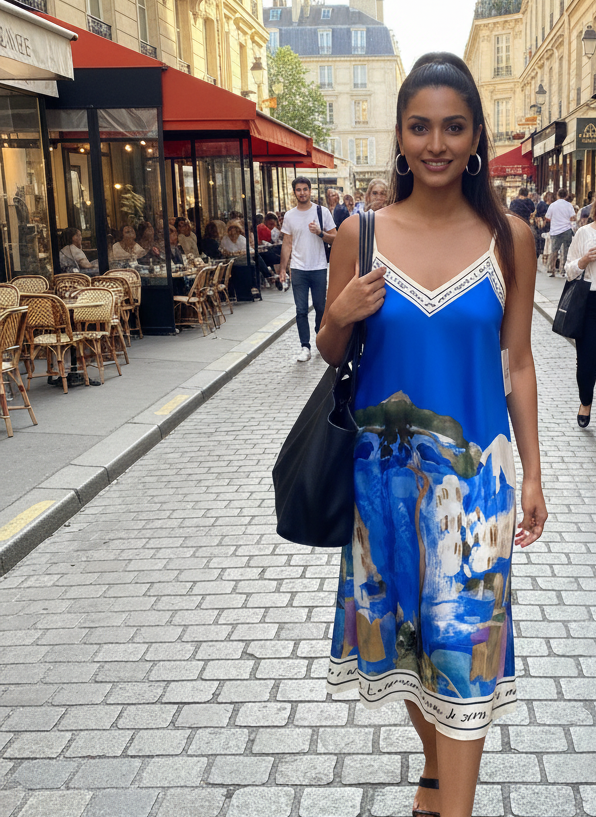 Mid Length Italian Silk Viscose ELECTRIC BLUE Watercolour Dress- O/S, Made in Italy