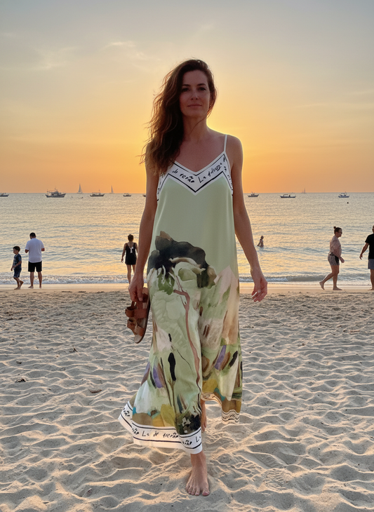 Italian Watercolour Maxi Dress-  Lime Green O/S-Polyester