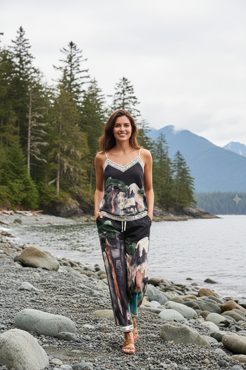 O/S - Italian Watercolour Women’s Pant & Spaghetti Strap Tank Top Set- BLACK - Viscose/ Polyester blend, Made in Italy