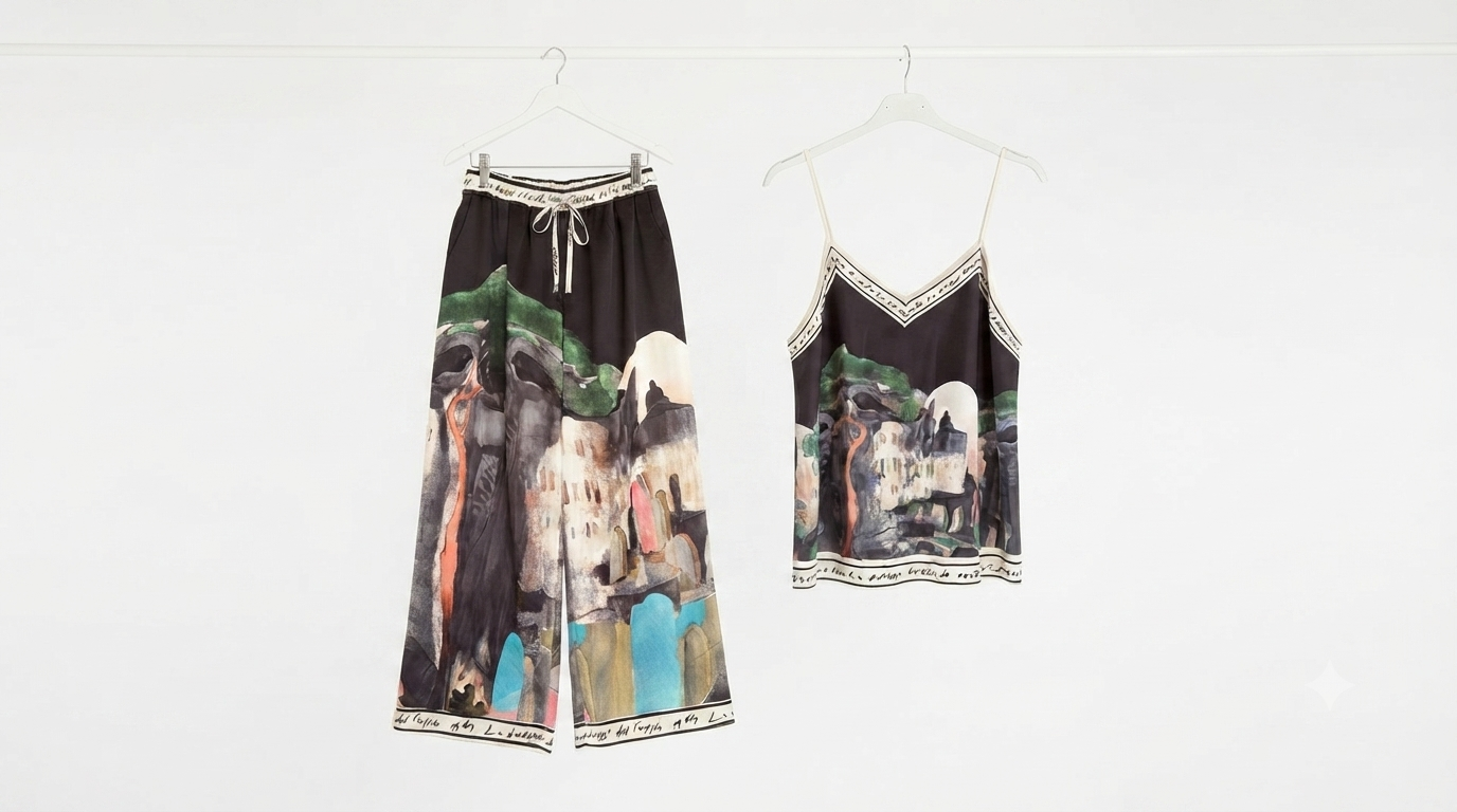 O/S - Italian Watercolour Women’s Pant & Spaghetti Strap Tank Top Set- BLACK - Viscose/ Polyester blend, Made in Italy