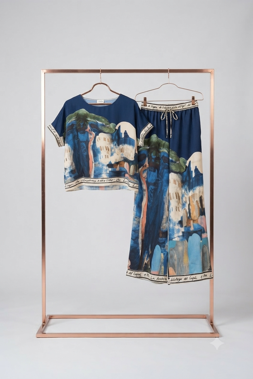 O/S - Italian Watercolour Women’s Pant & Oversized Relaxed Top Set- NAVY - Viscose/ Polyester blend, Made in Italy