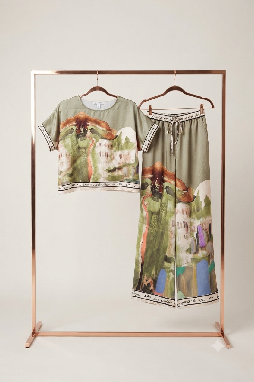 O/S - Italian Watercolour Women’s Pant & Oversized Relaxed Top Set- OLIVE  - Viscose/ Polyester blend, Made in Italy