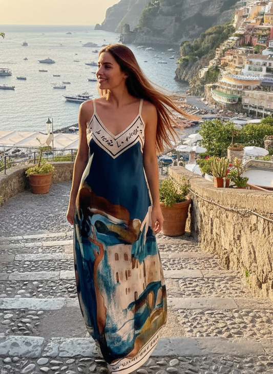 Italian Watercolour Silk Maxi Dress-Teal O/S
