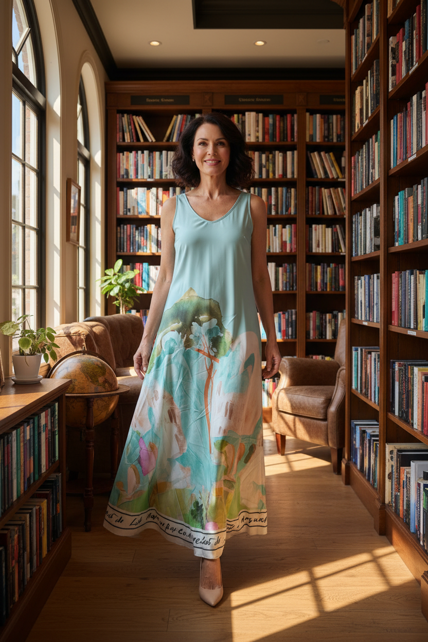 O/S Italian Silk WIDE STRAP V-Maxi Dress - TURQUOISE- Watercolour print, Made in Italy, Viscose/Silk blend