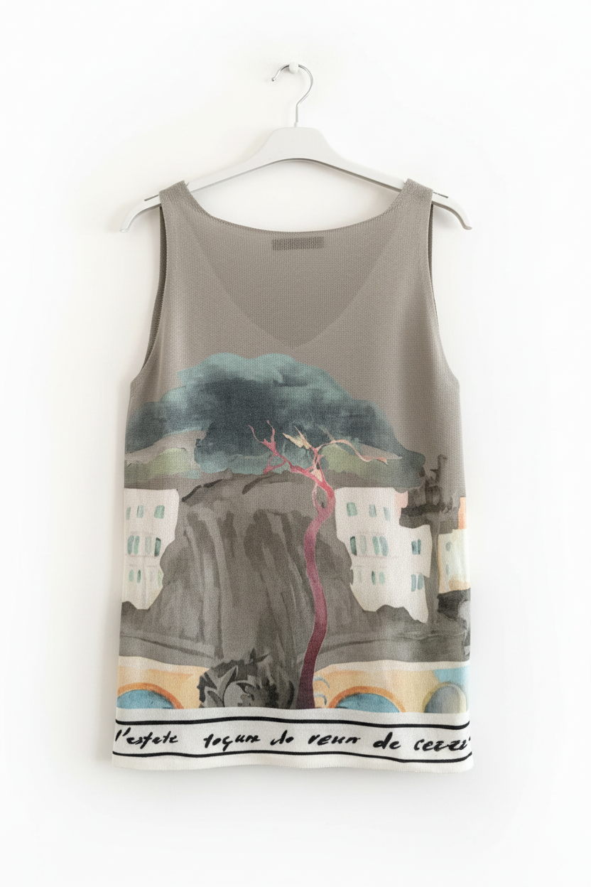 Watercolour Print Knitted Women’s Tank Top - OLIVE GREEN - Soft Viscose blend, Made in Italy, O/S