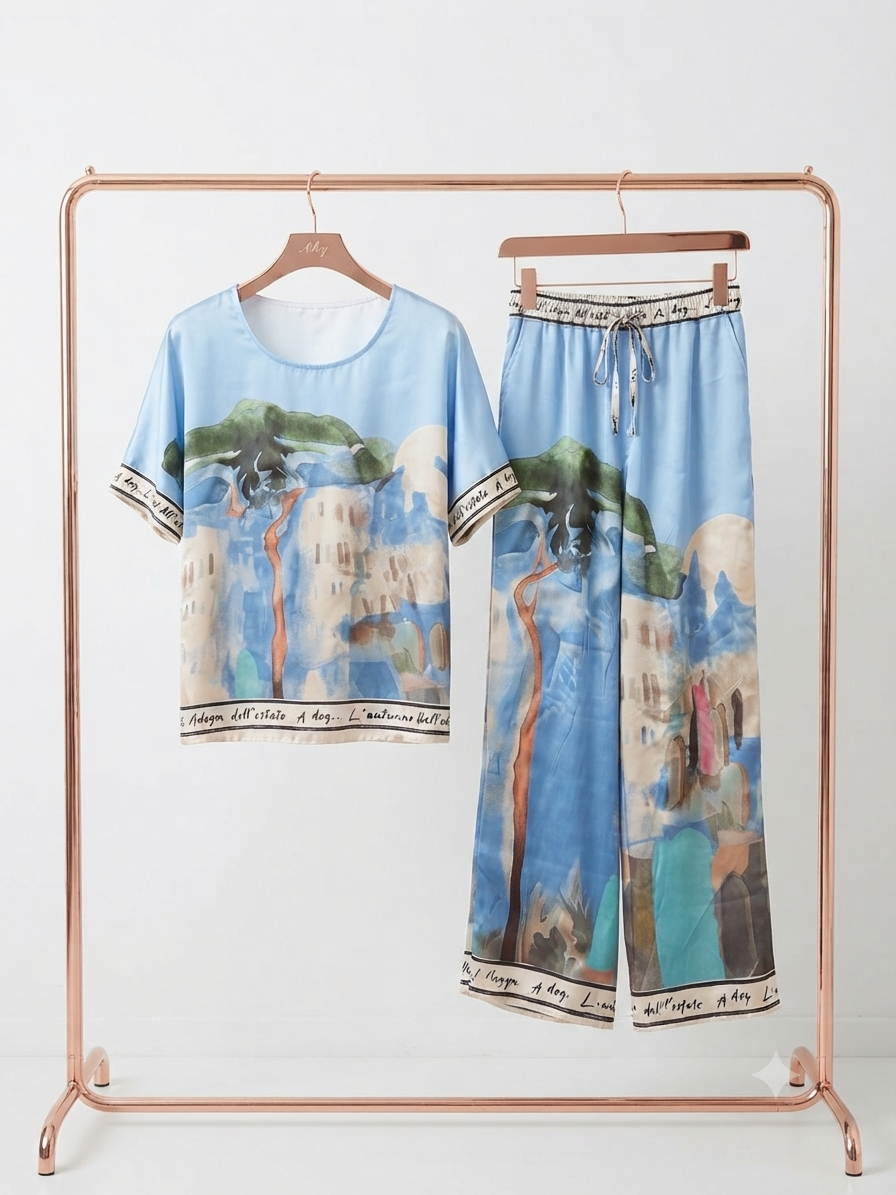 O/S - Italian Watercolour Women’s Pant & Oversized Relaxed Top Set- BABY BLUE - Viscose/ Polyester blend, Made in Italy