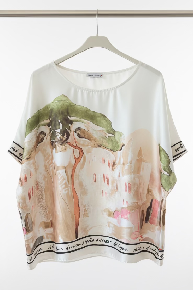 Relaxed fit Watercolor WHITE Top- Viscose/ Polyester blend, Made in Italy, O/S