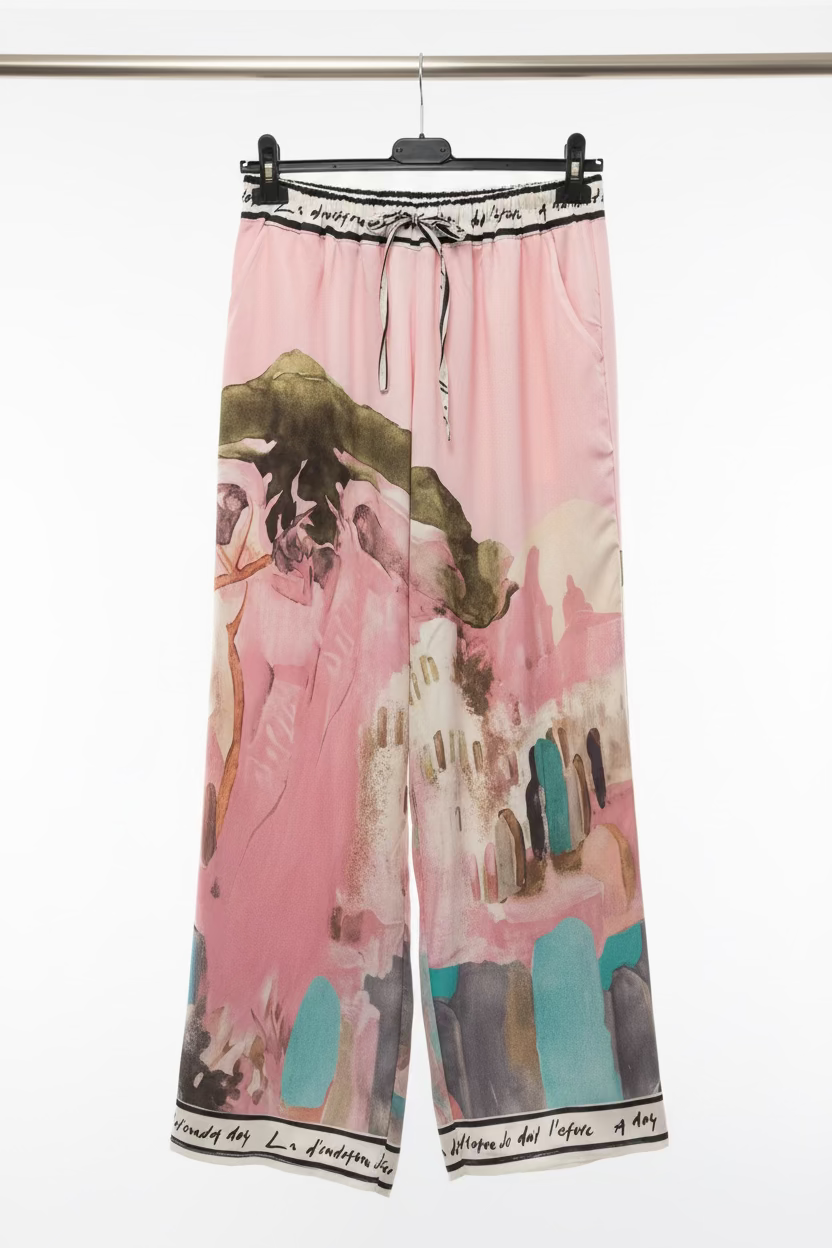 Amalfi Coast Watercolor Wide-Leg Pocket Pants | Viscose/ Polyester blend- PINK-Made in Italy- O/S