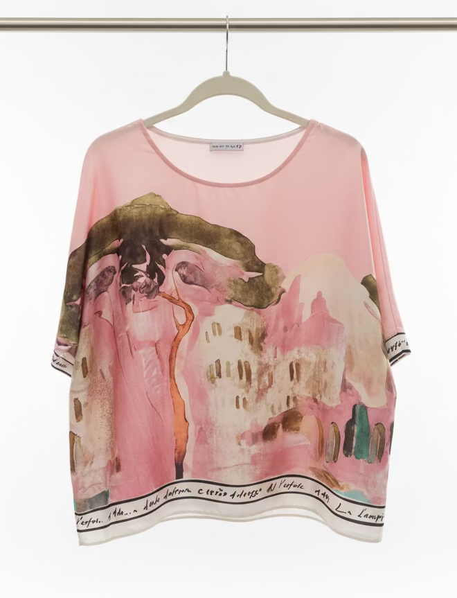 Relaxed fit Watercolour Top - ROSE PINK, Viscose/ Polyester blend,  Made in Italy O/S