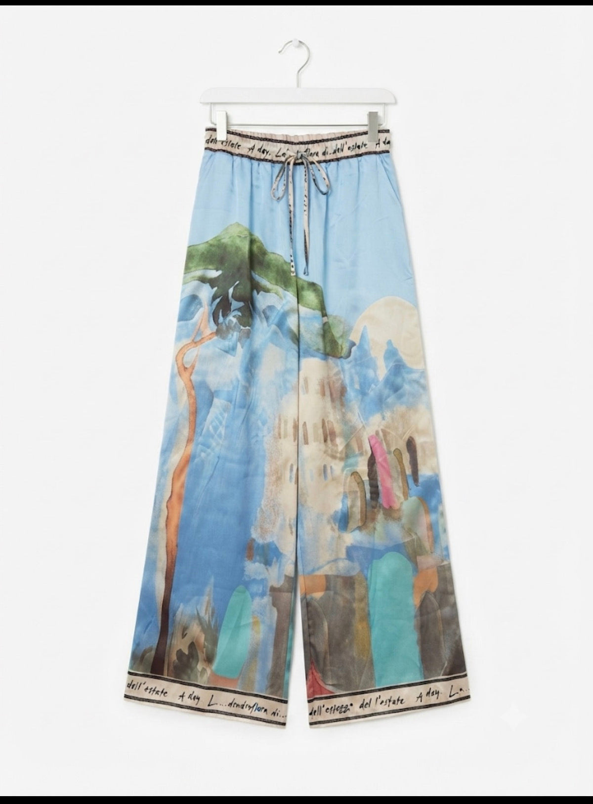 Amalfi Coast Watercolor Wide-Leg Pocket Pants | Viscose/ Polyester blend- BABY  BLUE-Made in Italy, O/S