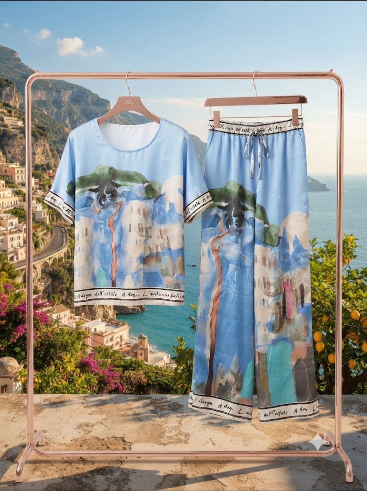 Amalfi Coast Watercolor Wide-Leg Pocket Pants | Viscose/ Polyester blend- BABY  BLUE-Made in Italy, O/S