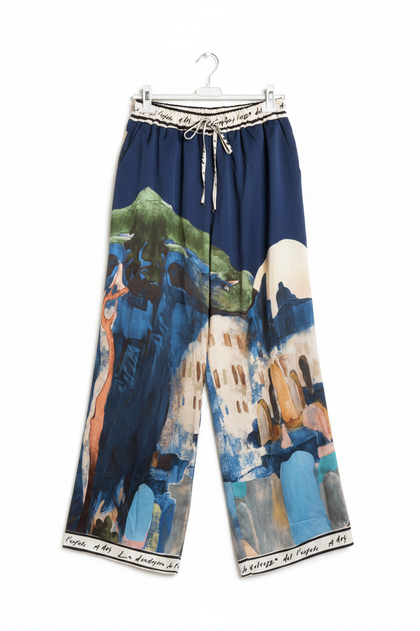 Amalfi Coast Watercolor Wide-Leg Pocket Pants , Viscose/ Polyester blend- NAVY BLUE -Made in Italy-O/S