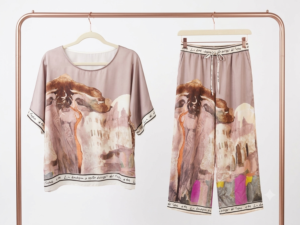 Amalfi Coast Watercolor Wide-Leg Pocket Pants | Viscose/ Polyester blend- TAUPE-Made in Italy- O/S