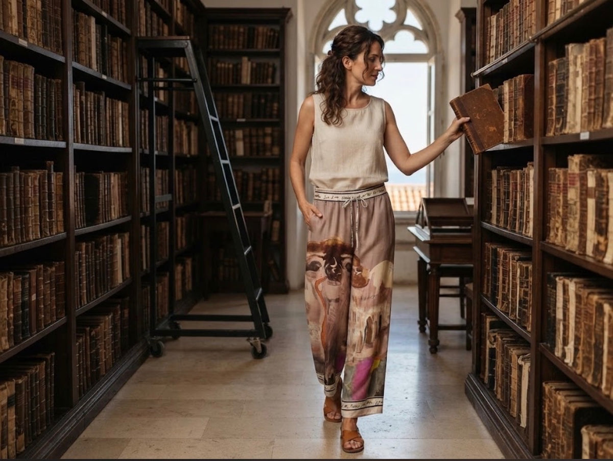 Amalfi Coast Watercolor Wide-Leg Pocket Pants | Viscose/ Polyester blend- TAUPE-Made in Italy- O/S