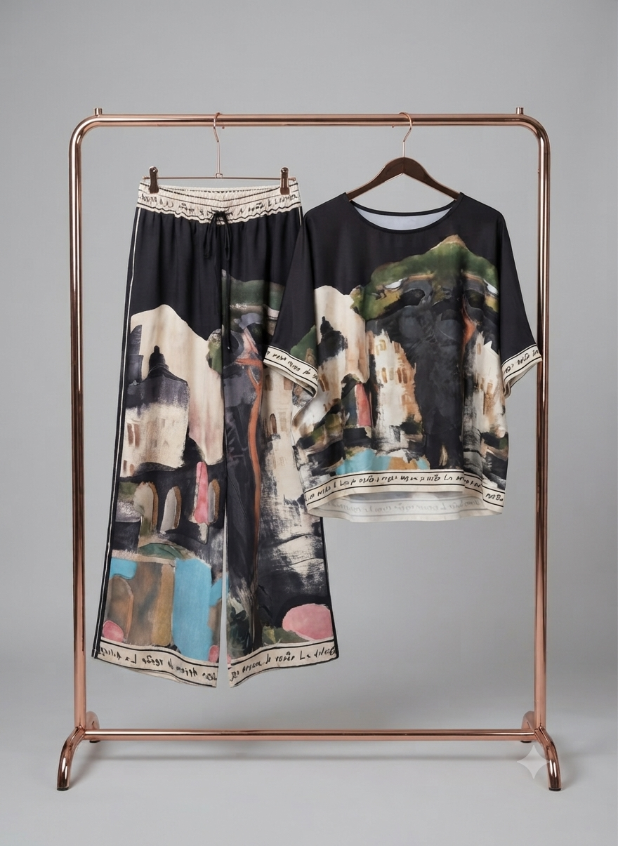 Amalfi Coast Watercolor Wide-Leg Pocket Pants, Viscose/ Polyester blend-  BLACK- Made in Italy, O/S
