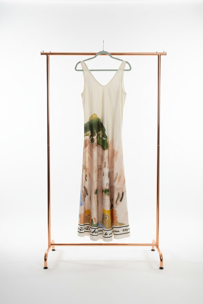 Italian Silk WIDE STRAP V-Maxi Dress -CREAM– Watercolour print, Made in Italy, Viscose/Silk blend O/S