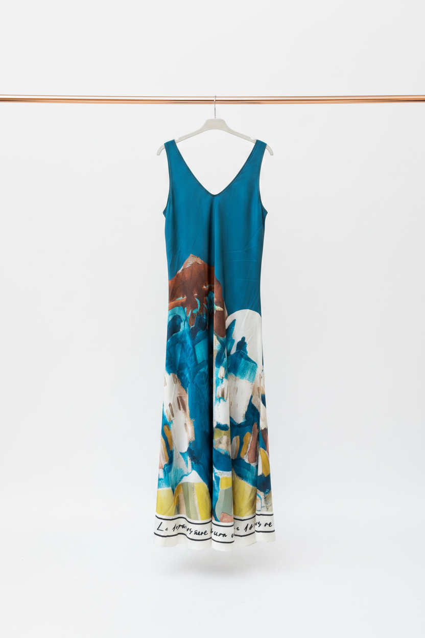 Italian Silk WIDE STRAP V-Maxi Dress -TEAL– Watercolour print, Made in Italy, Viscose/Silk blend O/S