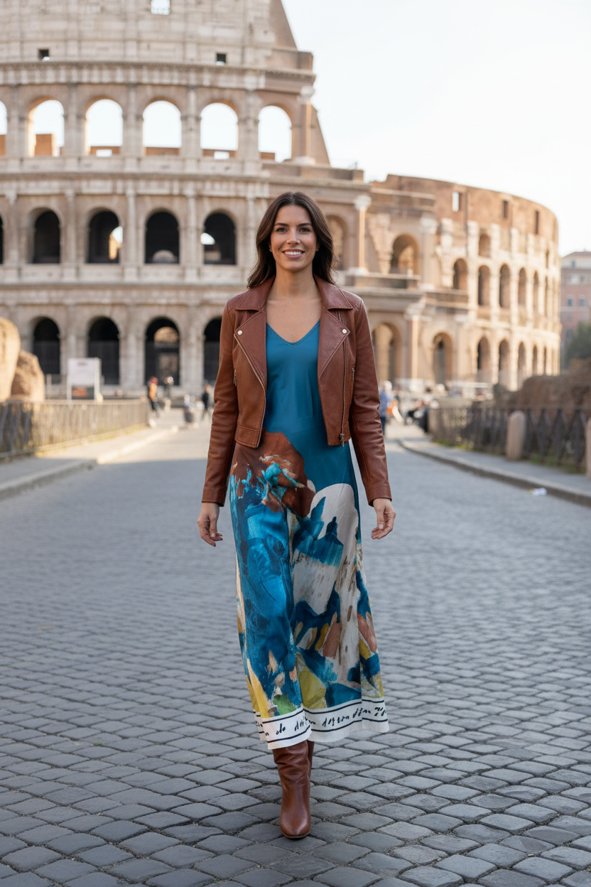 Italian Silk WIDE STRAP V-Maxi Dress -TEAL– Watercolour print, Made in Italy, Viscose/Silk blend O/S